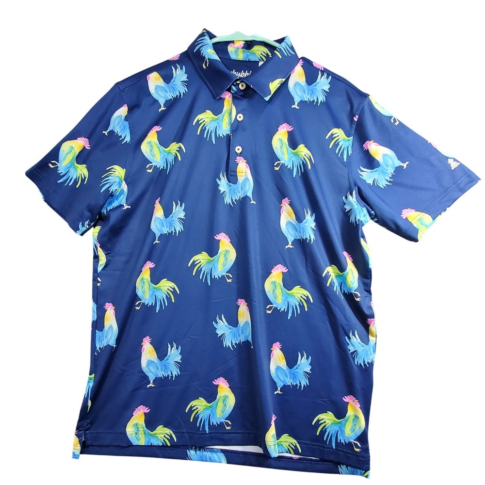 Chubbies Mens Performance Polo Shirt Navy Blue Rooster Print Stretch Size Medium